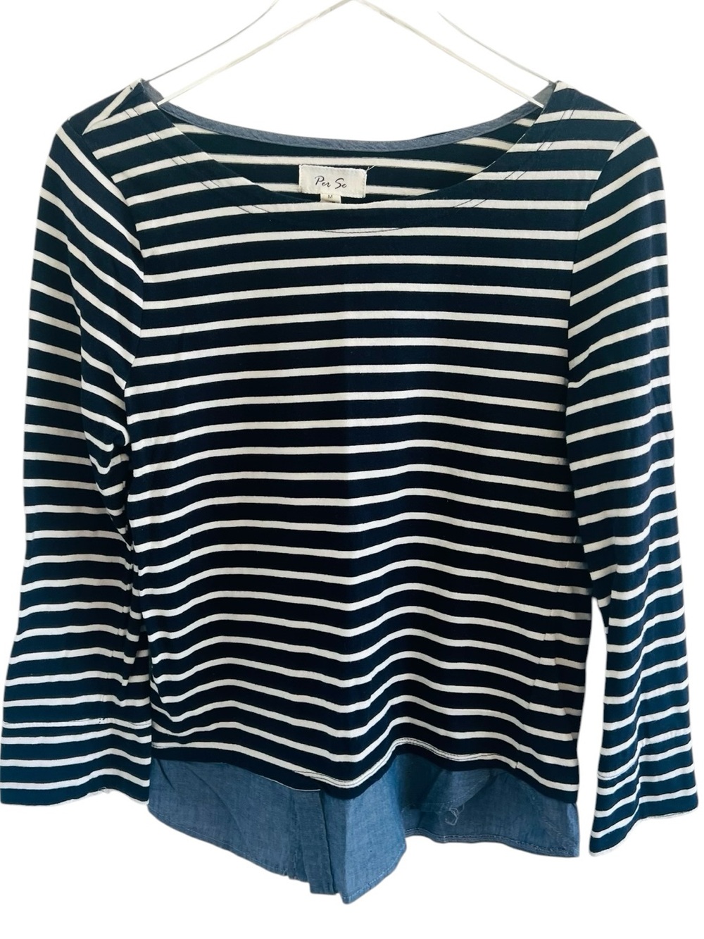 Per Se Navy and White Striped Long Sleeve Top